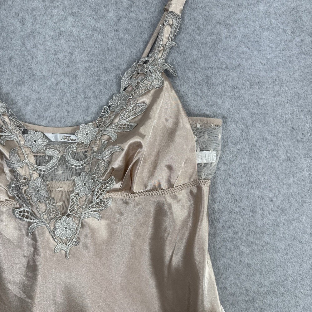 Flora Champagne Satin Chemise Slip Dress Size M Lace Trim V-Neck Babydoll Fairy - Picture 3 of 11